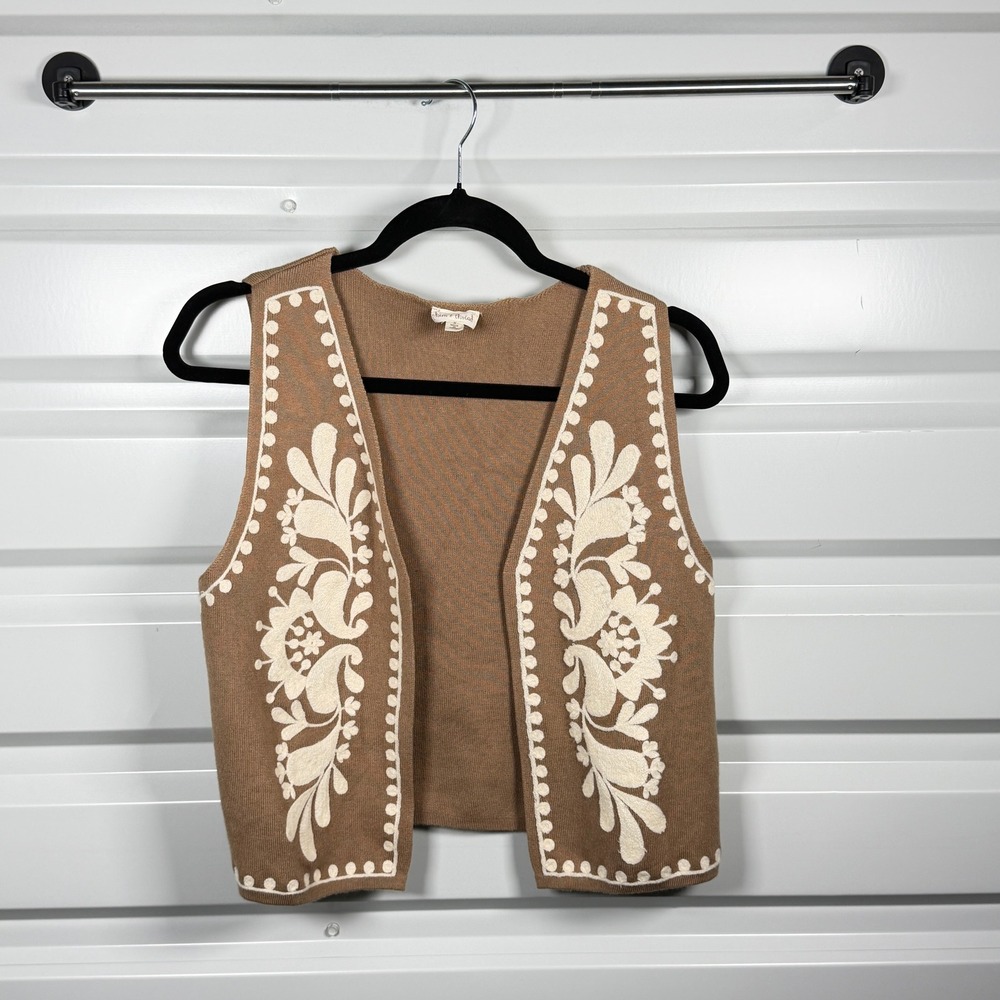 Hem & Thread Sweater Vest Women Small Brown Embroidered Boho Open Front Knit